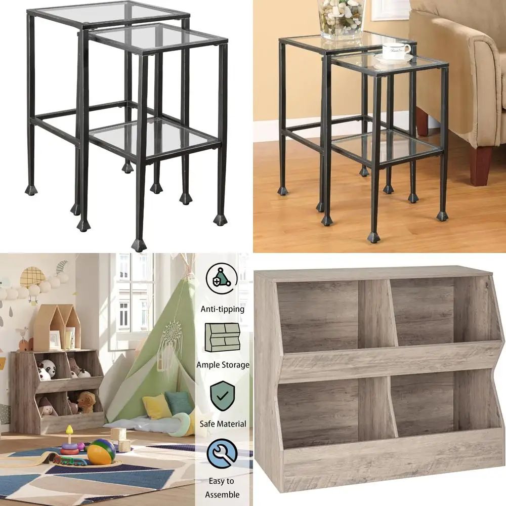 Leilani 2-Piece Rustic Nesting Tables with Glass Tops and Metal Shelves for Living Room