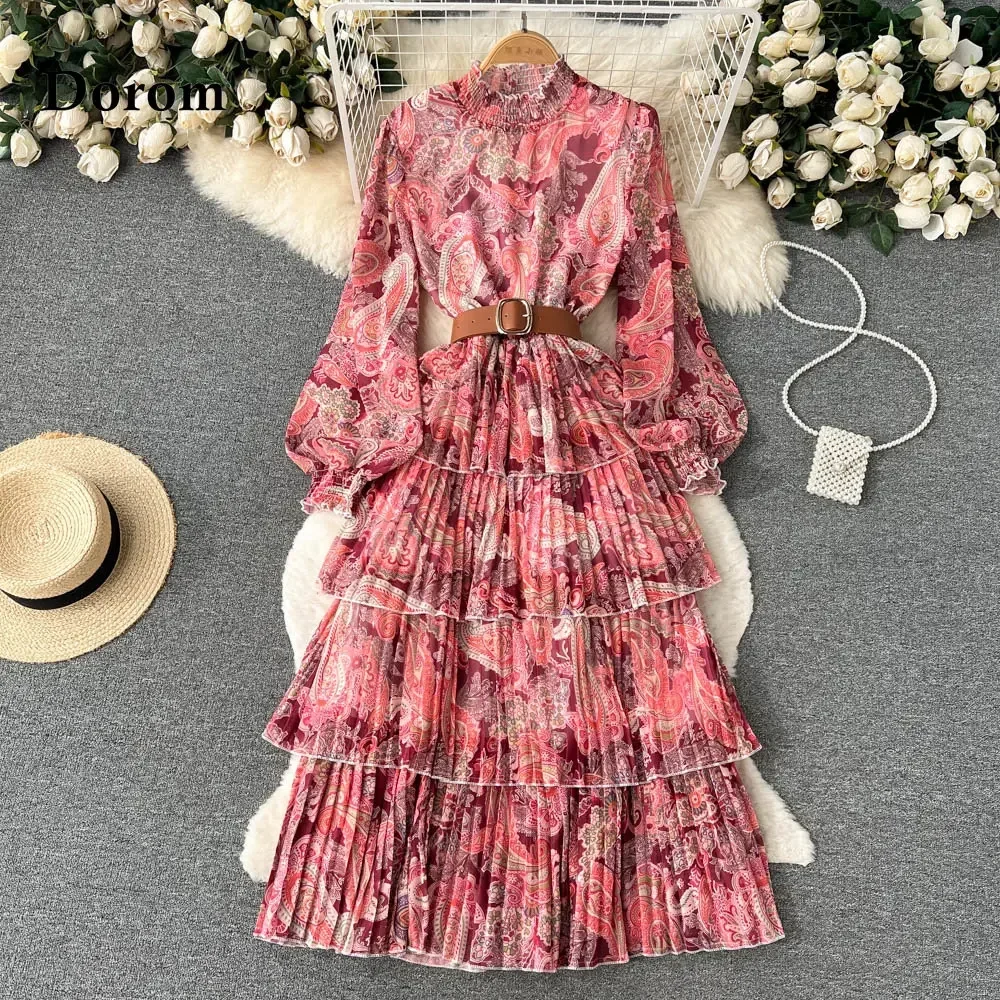 Vintage Floral Print Long Sleeve Maxi Dress Women Elegant Multilayer Pleated Chiffon Long Dress Korean Style Beach Party Vestido