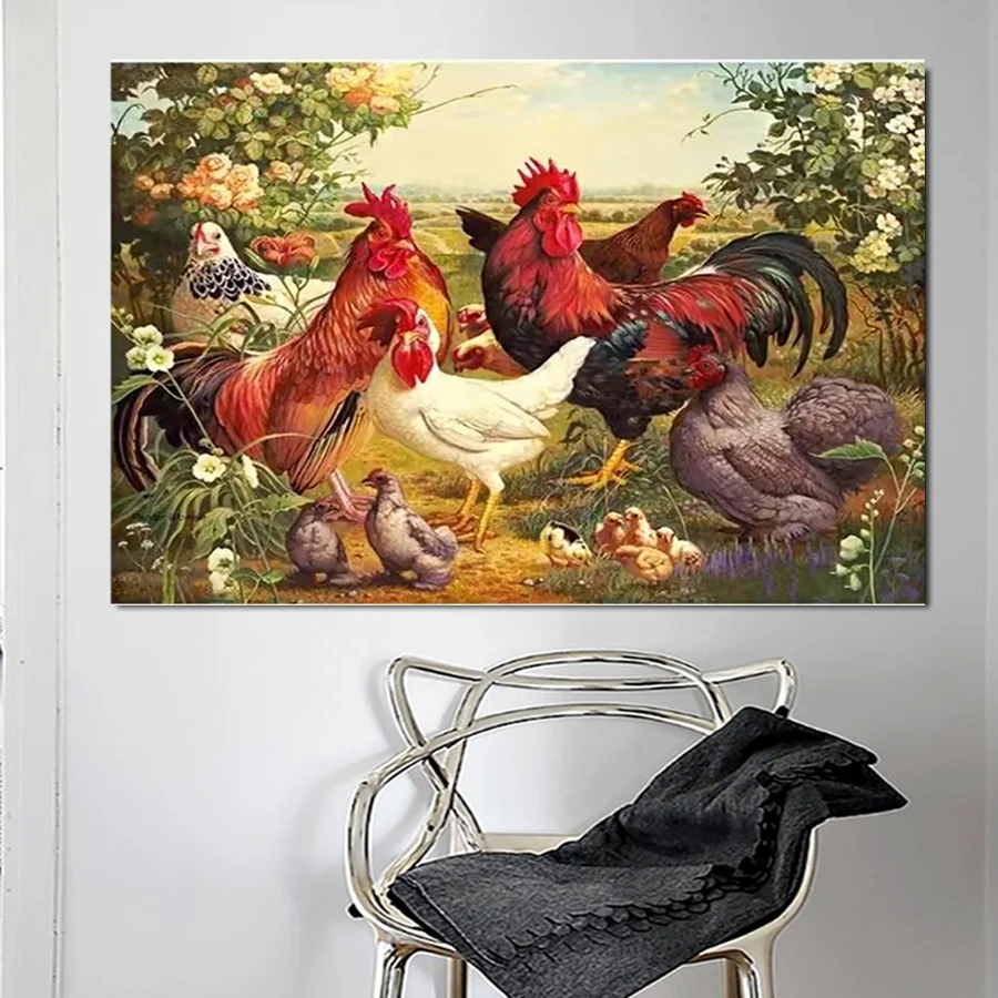 Rooster, hen, chick, flower, poultry picture Diamond Painting Animal Full Diamond Mosaic Embroidery Crystal Picture Home Decor