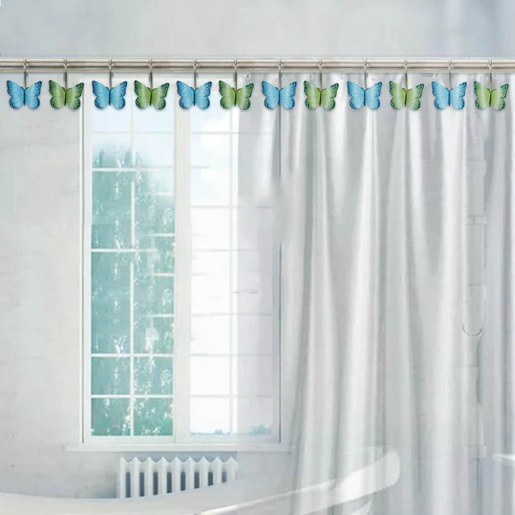 

12pcs Butterfly Flower Hooks Resin Curtain Hangers For Shower Bathroom Forest Style Metal Ring Drapery Hardware Clip