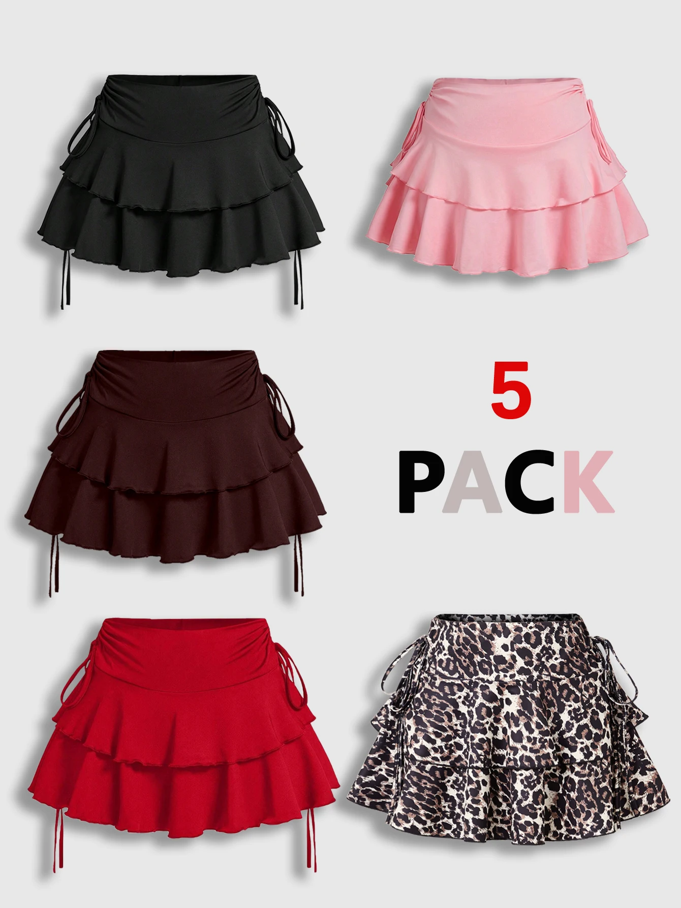 5 Pack Women Y2K Tiered Ruffle Mini Skirt High Waist Side Drawstring Flowy Tennis Beach Skort Multi Prints & Solid Colors
