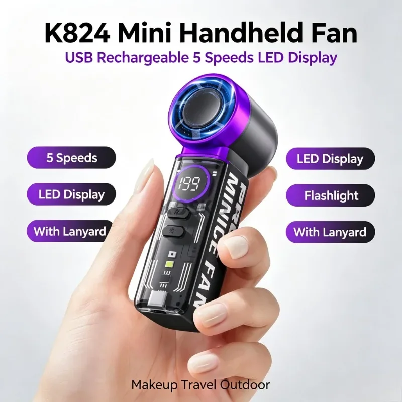 Portable K824 Mini Handheld Fan USB Rechargeable 5 Adjustable Speeds LED Screen Display  Portable Personal Fan with Lanyard
