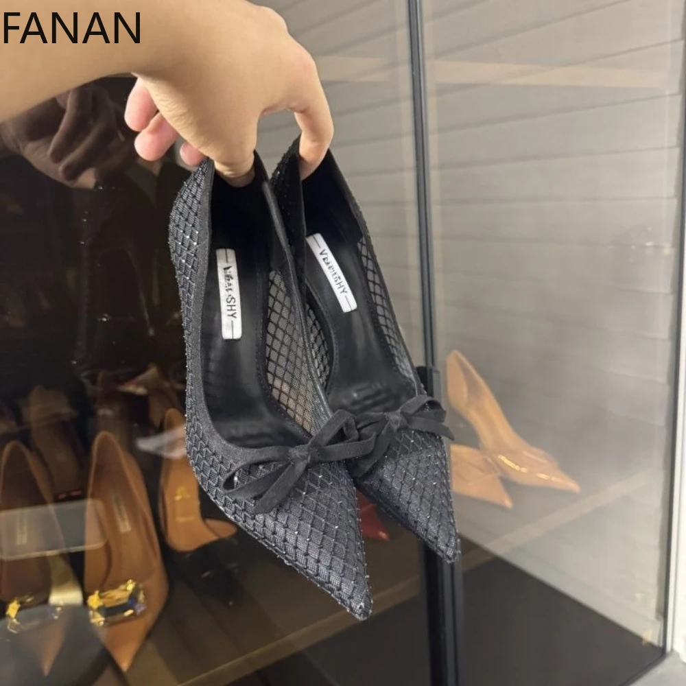 Genuine Leather High Heel Luxur Women's Shoes 2026 Lace Sexy  Sequins Wedding Black Shoes Party Single Shoes Original