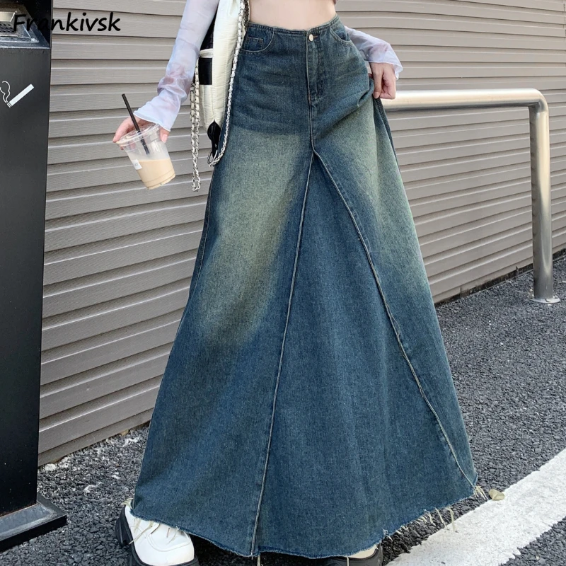 Long Skirts Women American Retro Baggy Vintage A-line Denim Faldas High Waist Elegant Personality Fashion Streetwear Clothing