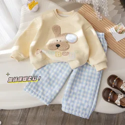 Winter New Kids Baby Girls 2PCS Clothes Set Cartoon Embroidered Hoodie Thickened Plaid Casual Pants Suit Toddler Girl Outfits