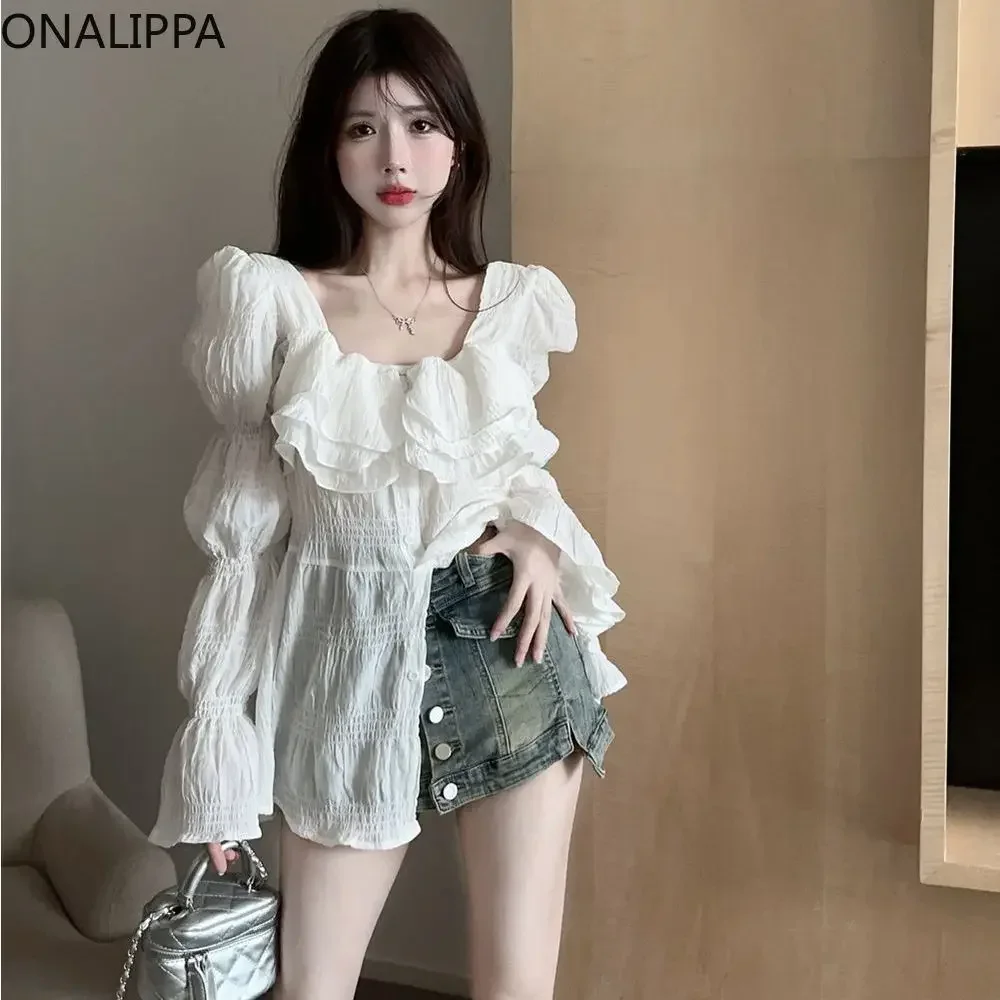 Onalippa Ruffles Flare Long Sleeves Chiffon Shirts Square Collar Single Breasted Sunscreen Shirt French Style Solid Color Blouse