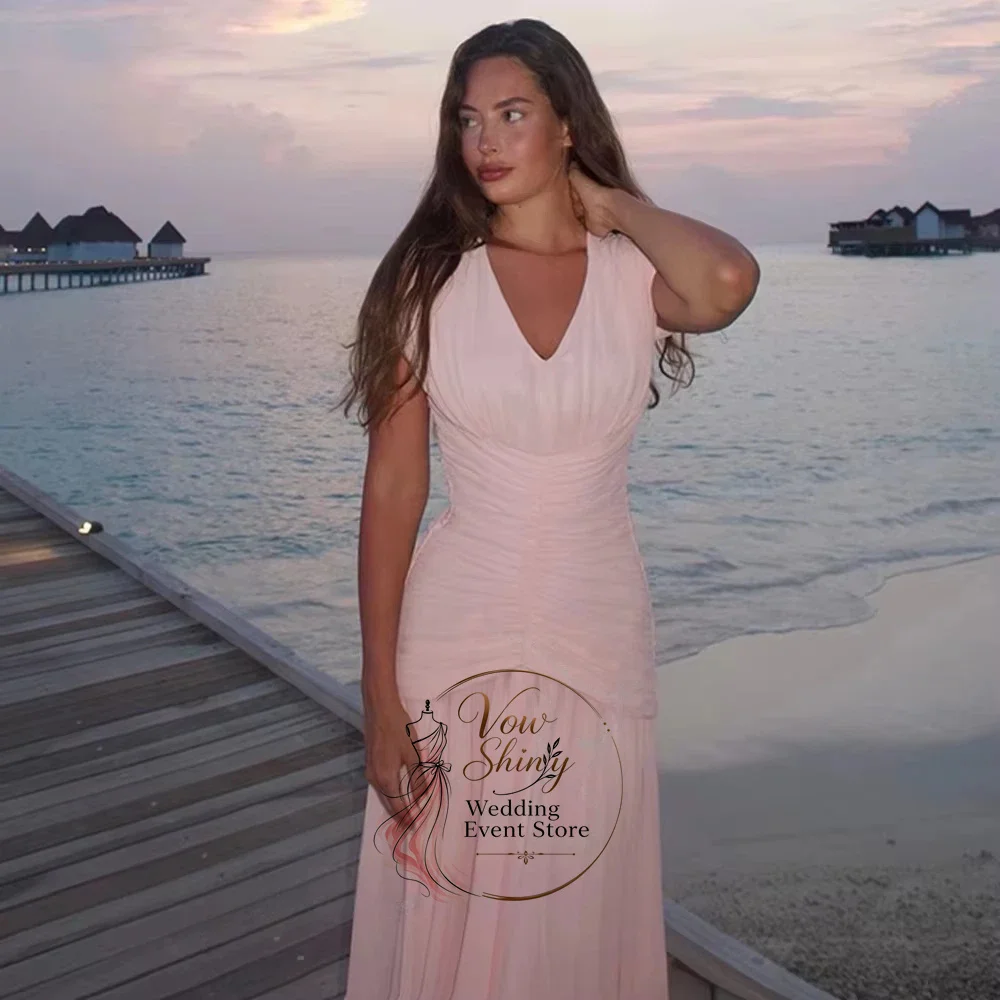 Vow Shiny Classic Blush V Neck Chiffon Evening Gown Dress A-line Short Sleeve Prom Dress Customized Wedding Guest Gown ﻿