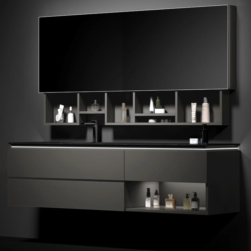 Solid wood lifting mirror cabinet washstand pool bathroom light luxury wash basin cabinet combination intelligence