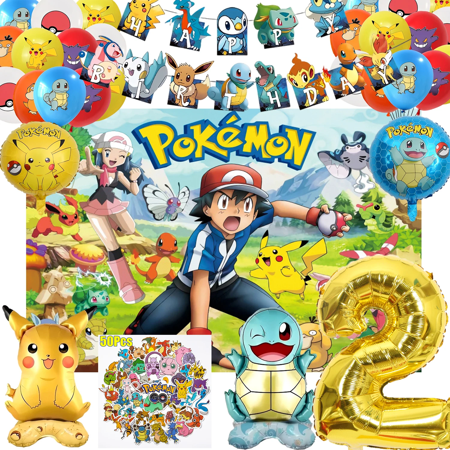 Pokemon Birthday Decorations Pikachu Background cloth, balloon stickers digital balloons 1-9 festival party decorations Supplies
