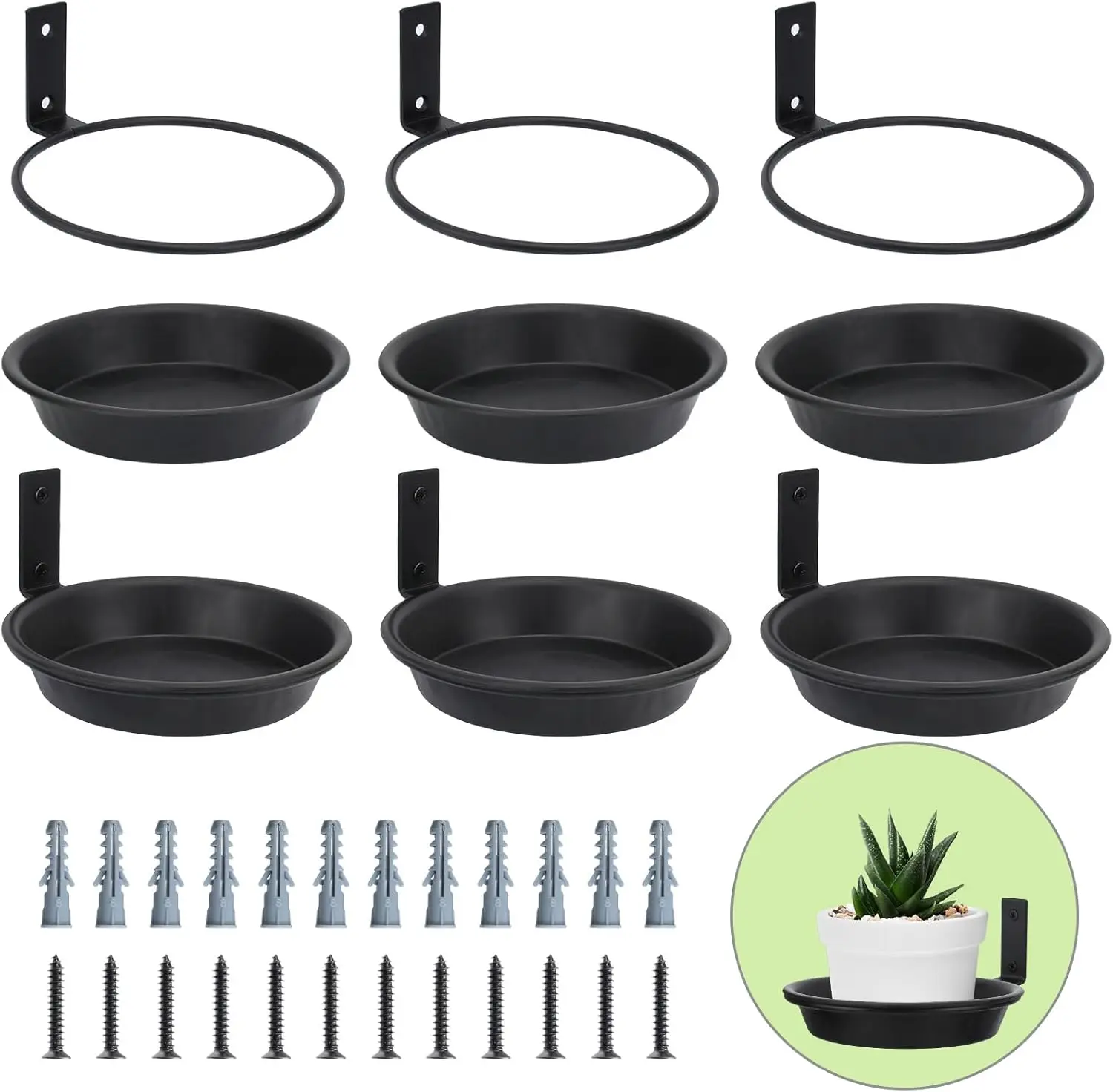 Soporte de Pared para Plantas de 6 Pulgadas con Bandejas Recolectoras, Paquete de 6 Soportes Metálicos Resistentes para Macetas, para Uso en Interiores y Exteriores