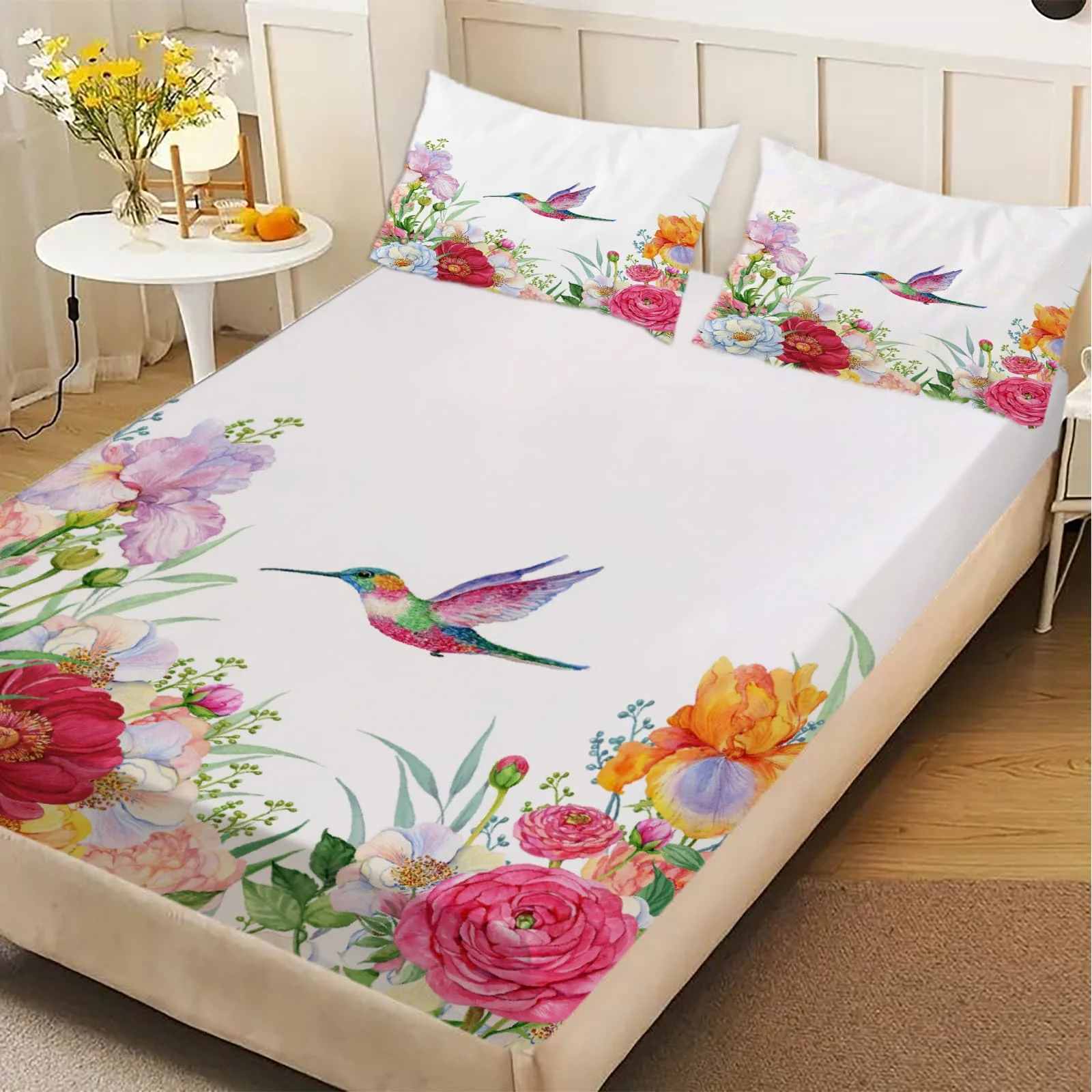 1pc Watercolor Hummingbird Floral Border Fitted Sheet Deep Pocket Elastic Mattress Cover Single Double Queen King Bedroom Decor