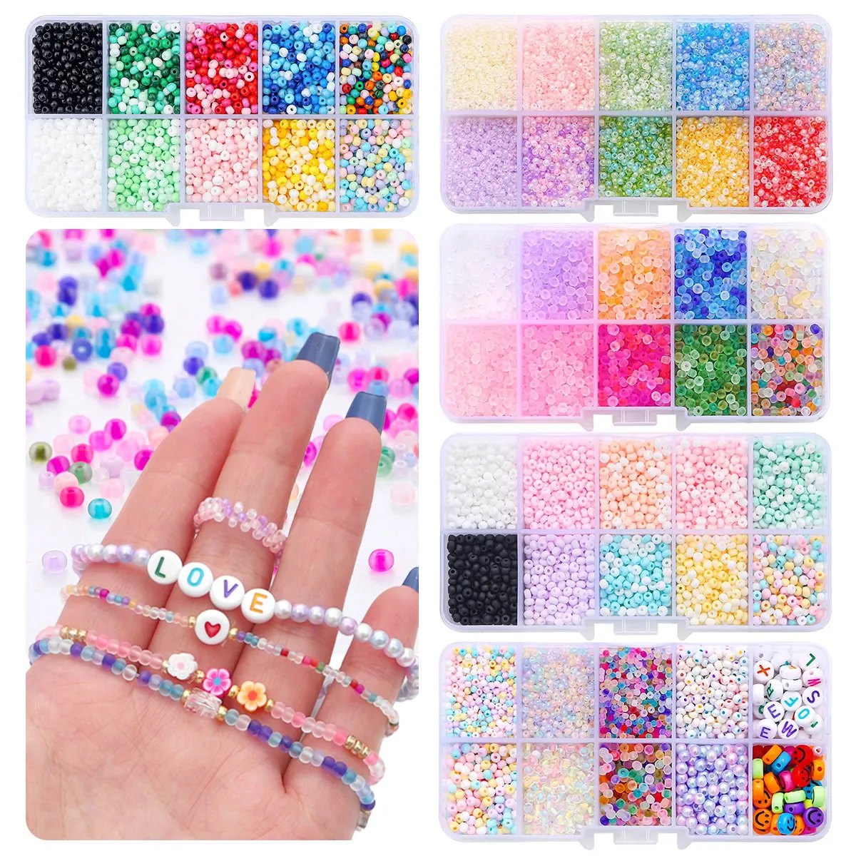 2mm 3mm Glass Seed Beads Kit with 10 Grid Organizer Box, Matte/Creamy/Rainbow Seed Beads & Alphabet Beads for DIY Jewelry Making view 2