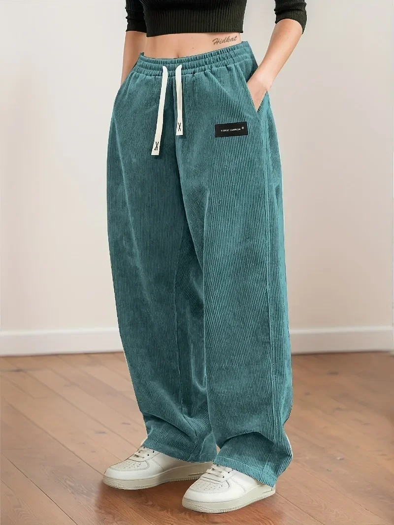 

with Drawstring Waist & White Piping - All-Season Casual to Semi-FormalWomen's Corduroy Pants Texture Straight-Leg Trousers