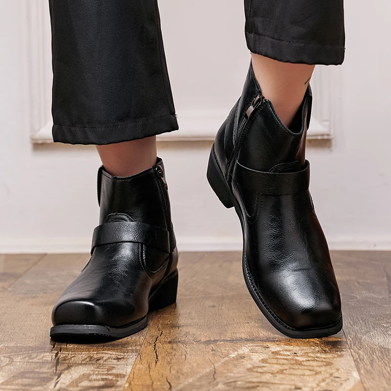 شتاء جديد الرجال عالية الجودة الأحذية الجلدية بني داكن الجانب سستة الرجال عادية مريحة ساحة الأصابع حذاء من الجلد الأحذية الاجتماعية الرجال #6