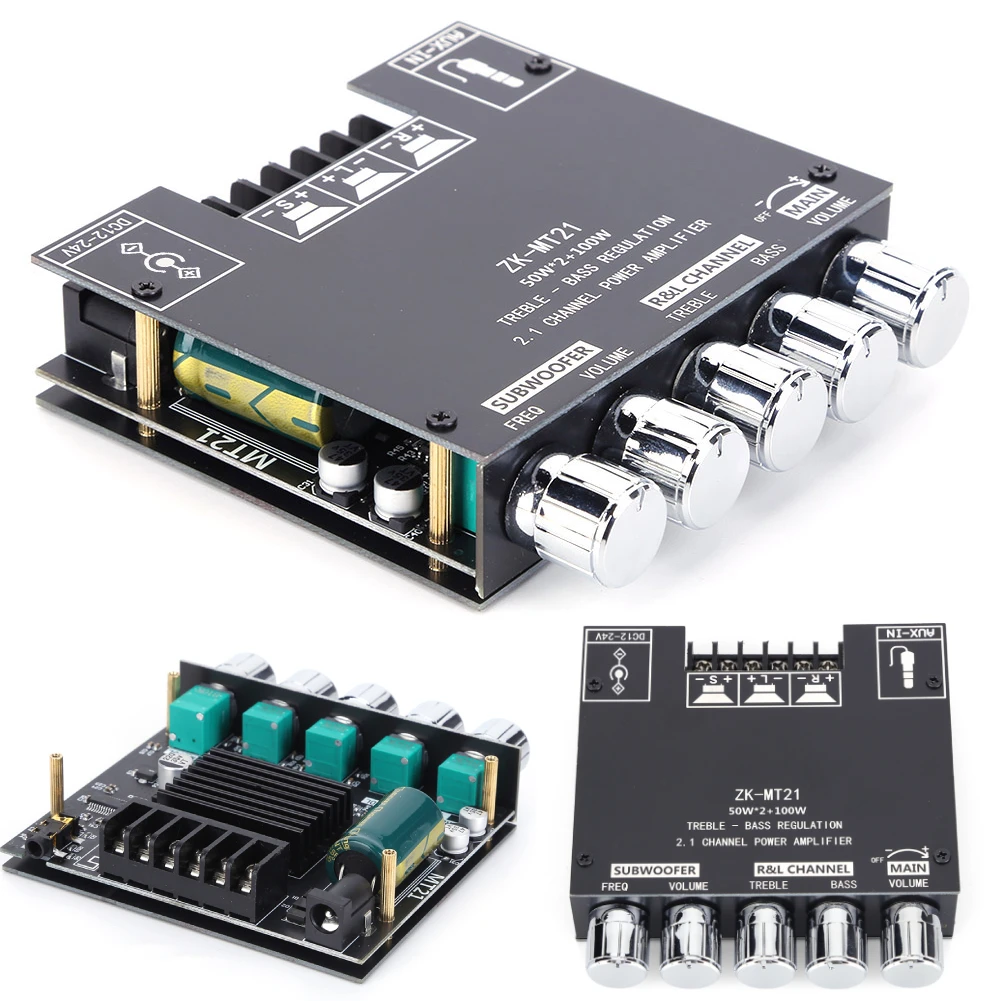 

ZK-MT21 Плата цифрового усилителя мощности 2x50 Вт + 100 Вт 2,1-канальный усилитель сабвуфера AUX 12 В 24 В Аудио Стерео Bluetooth Усилитель