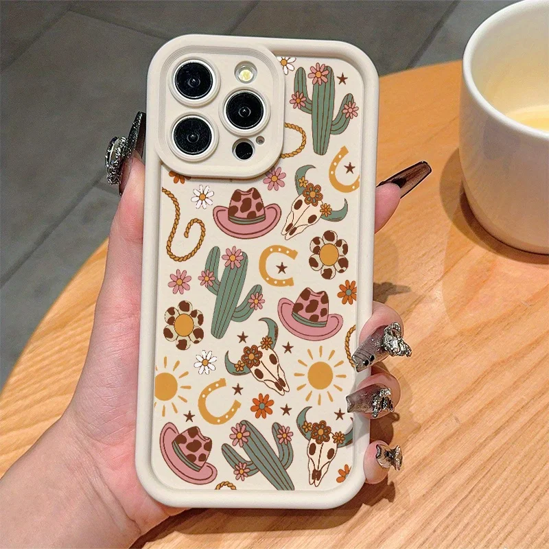 

Antique white flower and cactus phone case for iPhone 16 15 14 13 12 11 Pro/ Max/Plus shock-proof rear cover anti-fingerprint