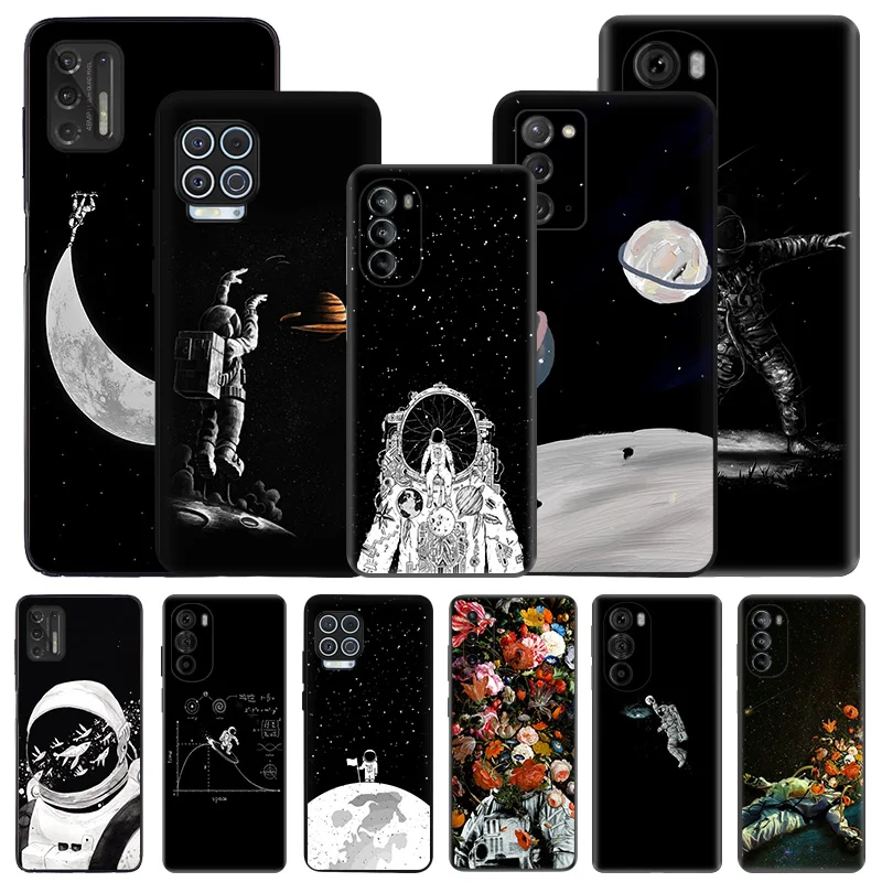 Soft Phone Cases For Moto G53 G73 G9 G50 G51 G60 G71 G22 G32 G52 G72 Edge40 20 30 Starry Fish Astronaut Moon Black Matte Cover