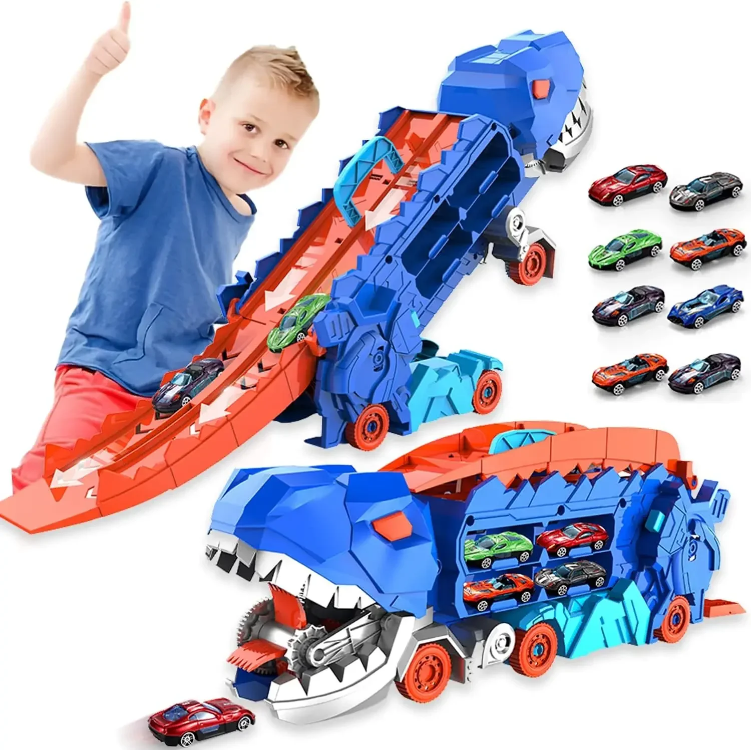 Dinosaur Transporter Truck Toys Foldable Track Alloy Transforming Dinosaur Transport with Alloy Car Toy Gift for Kids Toddle Boy