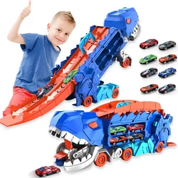 Dinosaur Transporter Truck Toys Foldable Track Alloy Transforming Dinosaur Transport with Alloy Car Toy Gift for Kids Toddle Boy