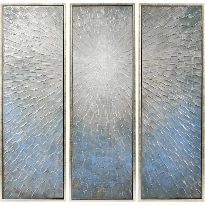 

QAZ8-Art Direct Abstract Wall Art Textured Hand Painted Canvas by Martin Edwards. Triptych. 60" x 20" each. Silver Ice