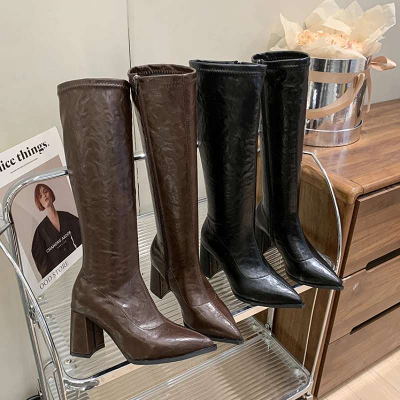 

Осенне-зимние женские сапоги до колена, модные рыцарские длинные ботинки, обувь на высоком квадратном каблуке, Botas Mujer