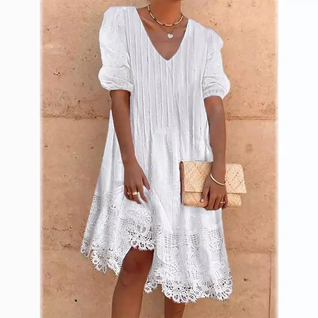 

V-neck Short Sleeved Lace Patchwork Lace Hem Dress For Women Summer New Style Camping Outdoor Versatile Loose A-line Short Skirt