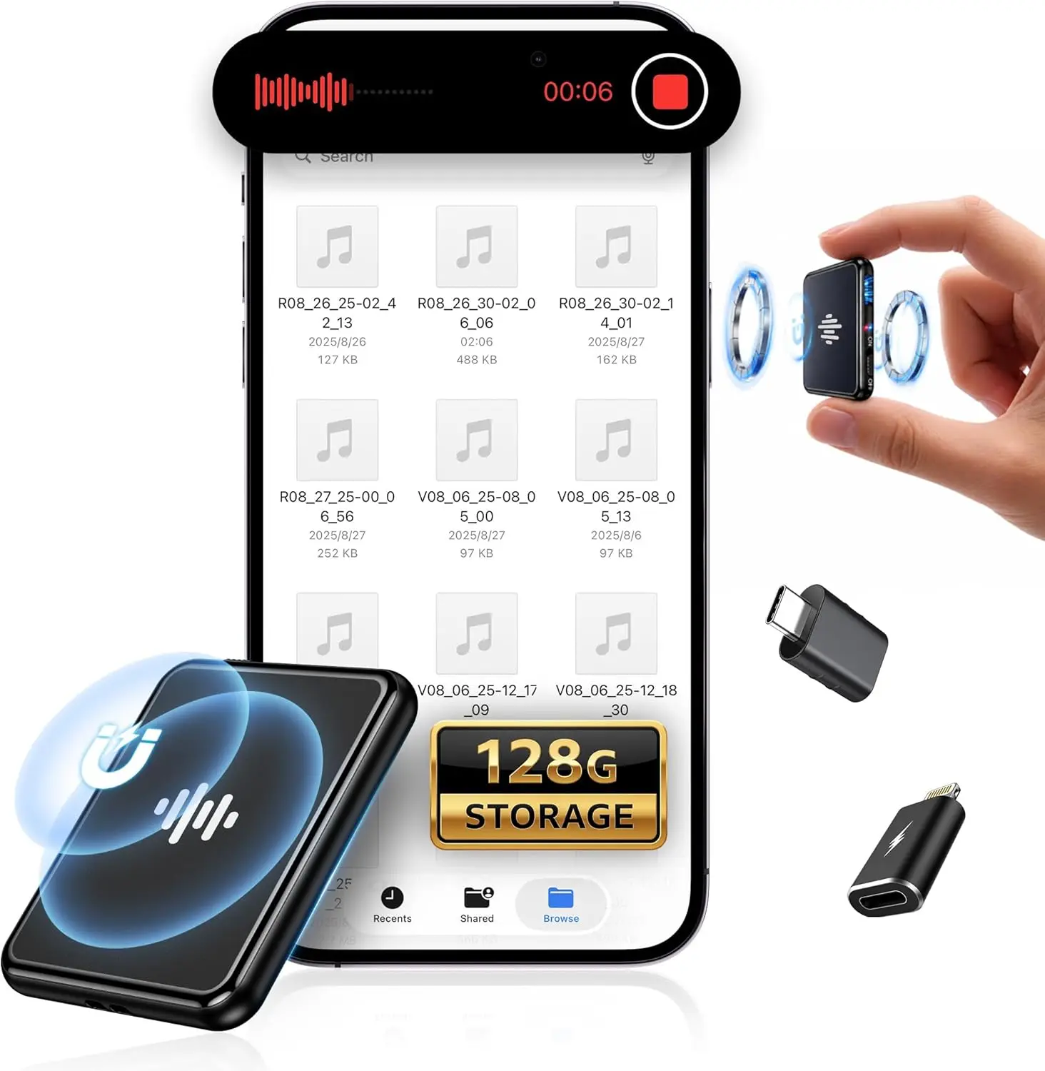 128GB AI Noise Reduction Voice Recorder with Long Battery
