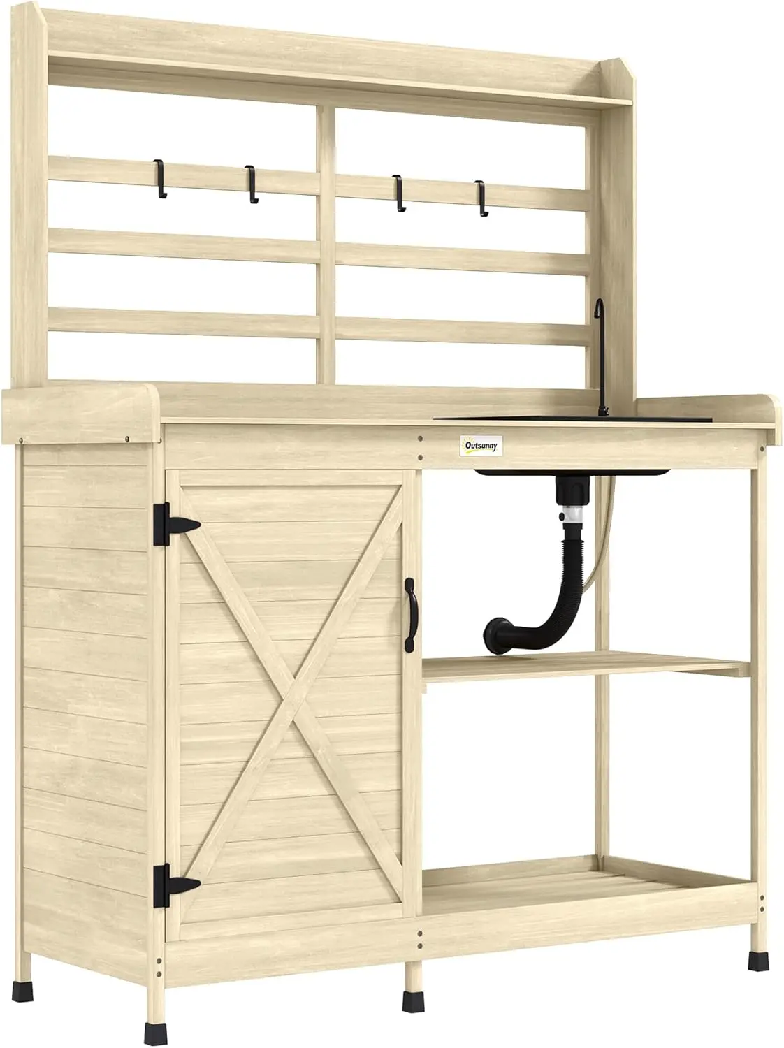 

Уличная деревянная верстак-тумба для садовых работ с раковиной, шкафом для хранения и полками для двора или патио