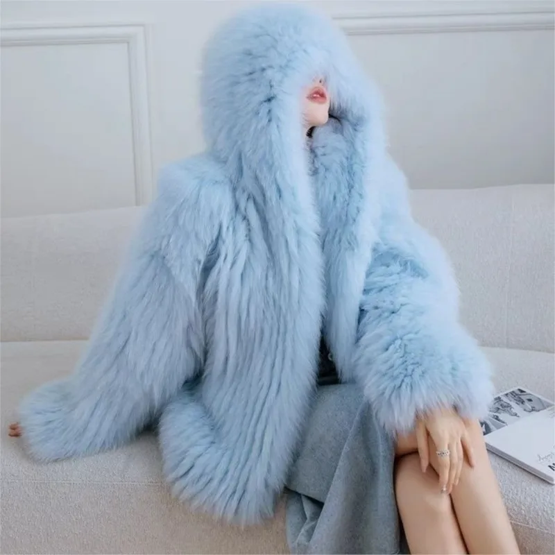 

Mixed fur women's coat hooded artificial woven top garment