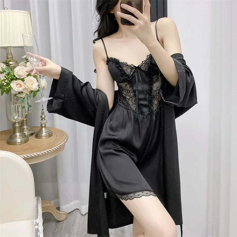 

Hollow Out Spaghetti Strap Spring Summer New Robe Set Women Sweet Kimono Bathrobe Gown Lady Satin Nightdress Lounge Sleepwear