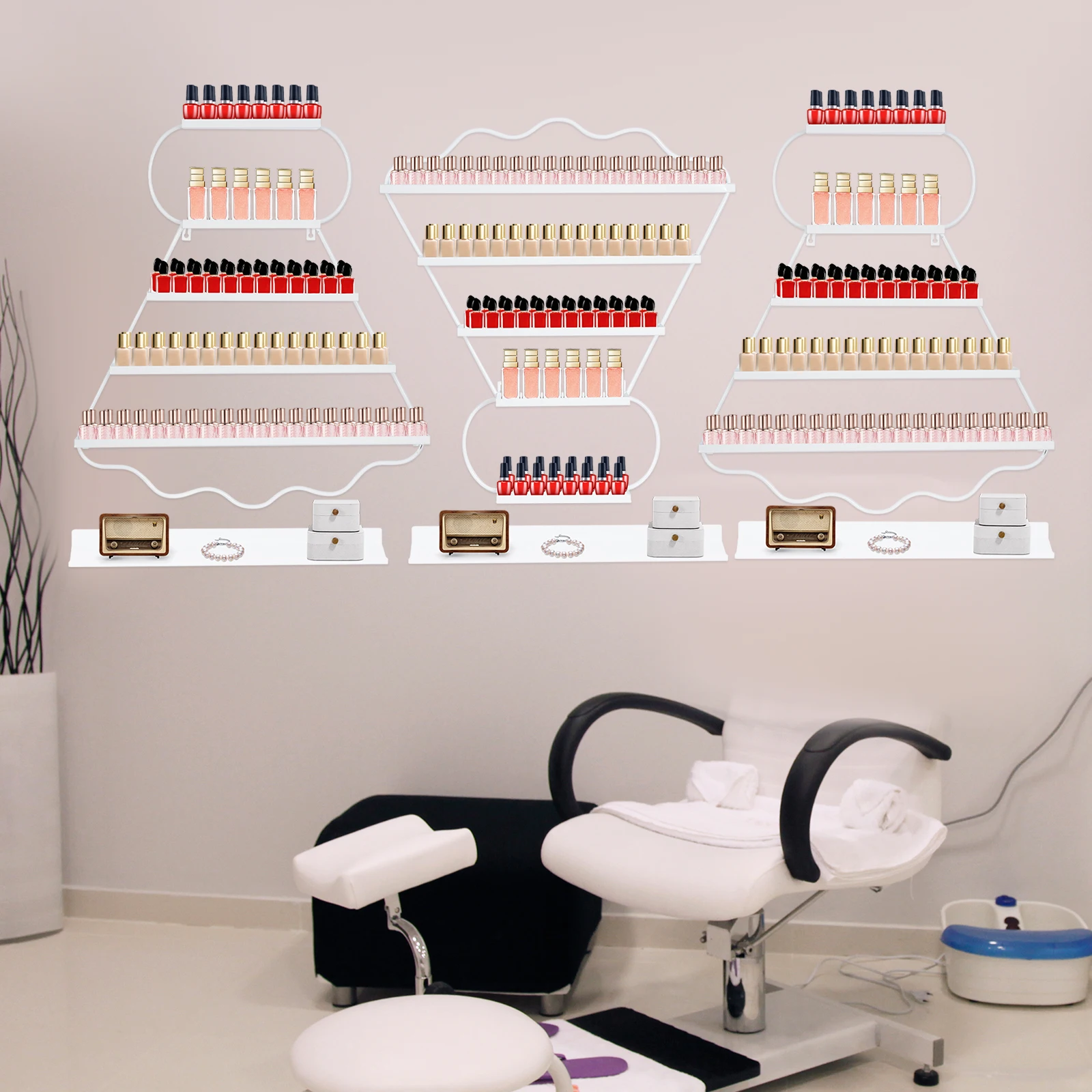 Branco 6 pçs fixado na parede cremalheiras de esmalte de ferro prateleiras de esmalte badminton rack de exibição para loja de beleza