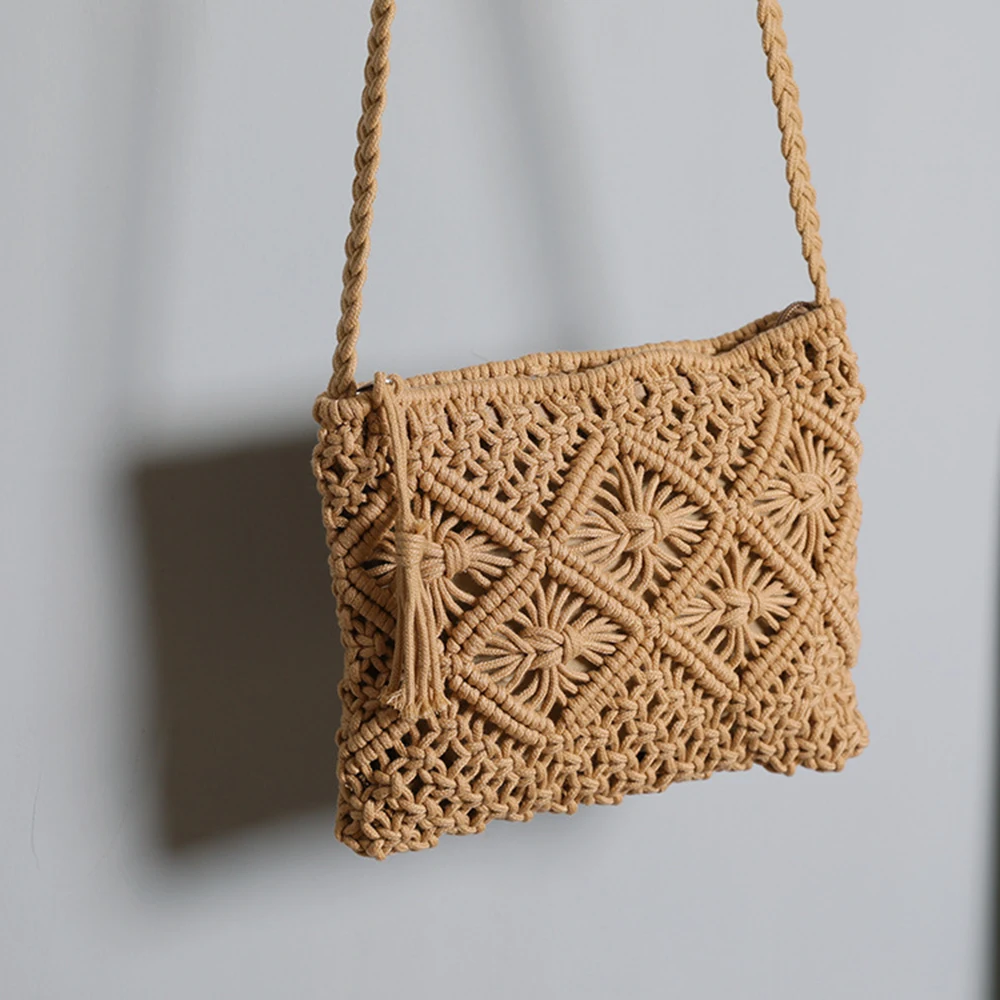 Spring Summer Cotton Rope Woven Shoulder Bag Women Hand-Woven Crossbody Bag New Beach Bags