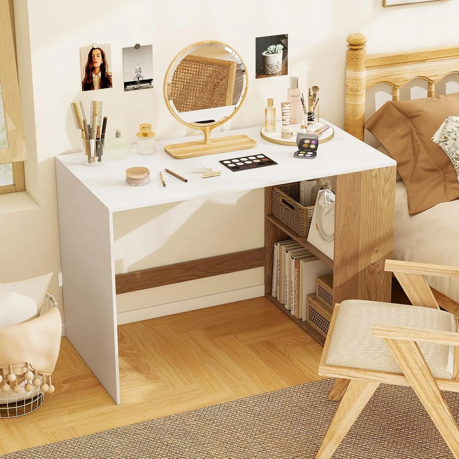 Small Desk with Bookshelf, 44 Inch Modern Computer Laptop Table for Bedroom Home Office Study, White Natural, Customized