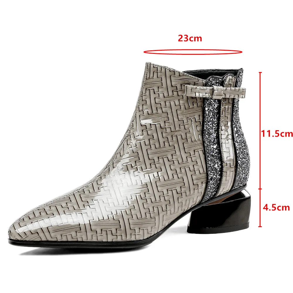 Aucegi Spring Autumn Fashion Women Pointed Toe Ankle Boots Sheepskin Splicing Sequined Cloth Thick Heels Zipper Daily Life Shoes