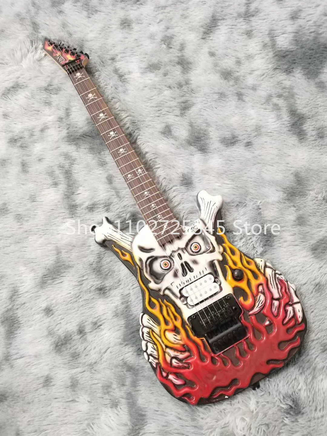 Skull Flame Electric Guitar with 6 Strings, Mahogany Fingerboard, Black Accessories, Vibrato System, Free Shipping