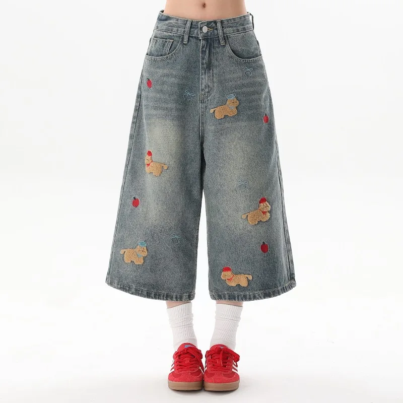Y2K Retro Dachshund Dog Embroidery Cropped Jeans Women Men High Waist Wide Leg Culotte Denim Capri Pants Loose Trousers Street