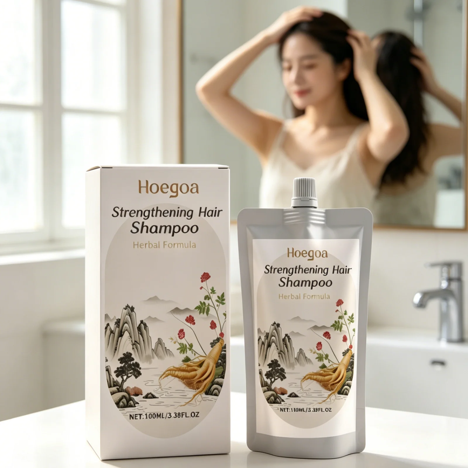 Hoegoa Strengthening Hair Shampoo Long Lasting Moisturizing Smooth Hair Fresh Scent Lightweight Non Greasy Herbal Shampoo 100ml