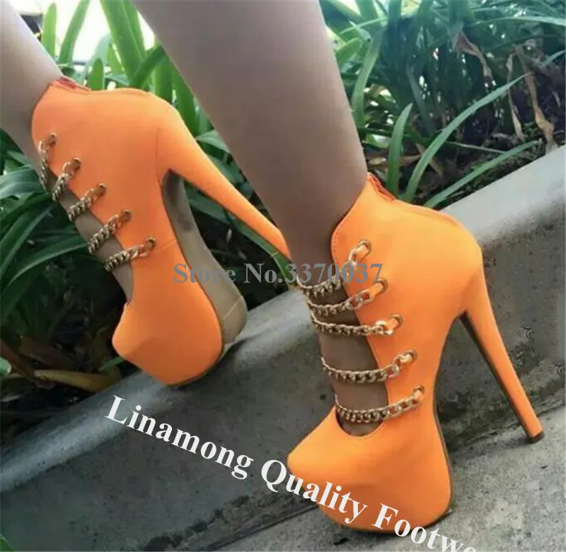 Linamong Charming Round Toe Suede Leather High Platform Gold Chains Cross Stiletto Heel Pumps Super High Yellow High Heels Shoes