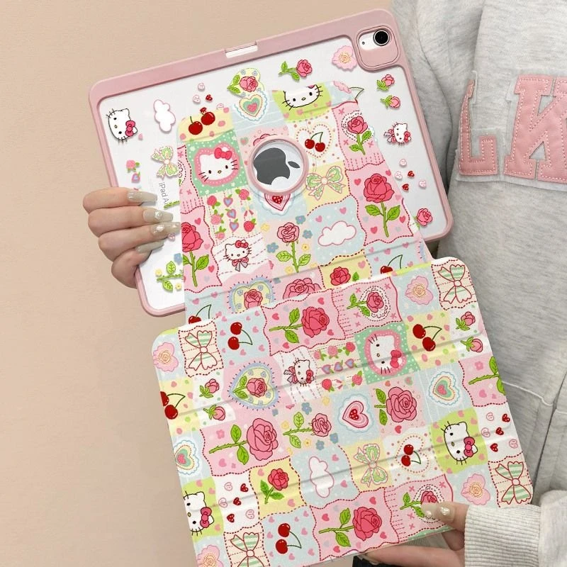 

Hello Kitty IPad Tri-fold Case with Pen Slot for 11th Air7 2025 Pro 11in Air6 Air5 10th 10.9 9th 10.2inch Rotating Acrylic Cover