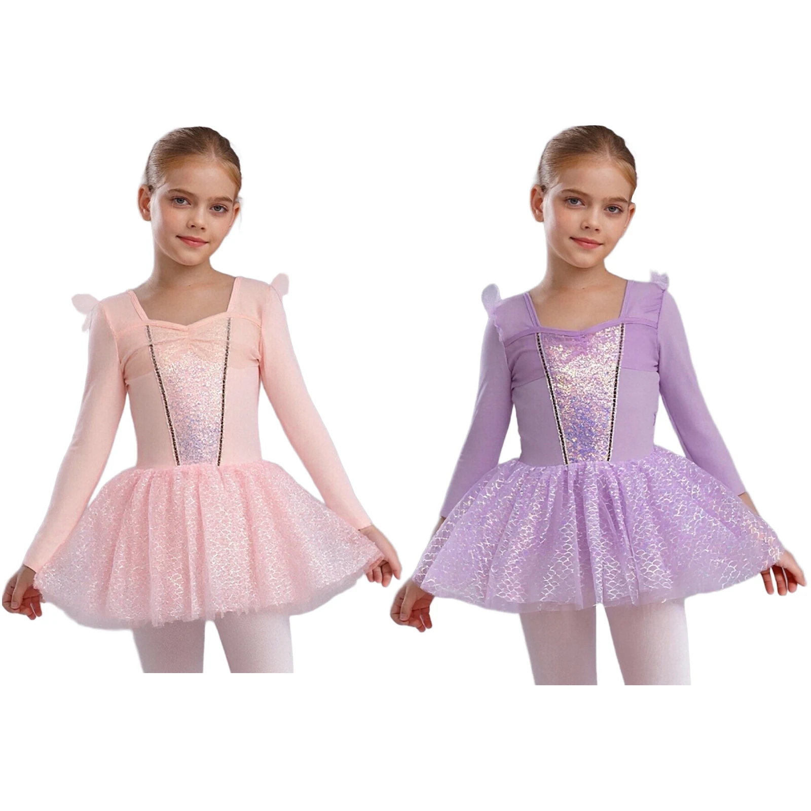 キッズガールズ光沢のあるスパンコールバレエドレスシアーメッシュフリル長袖パッチワーク魚の鱗チュールチュチュダンスドレスダンスウェア
