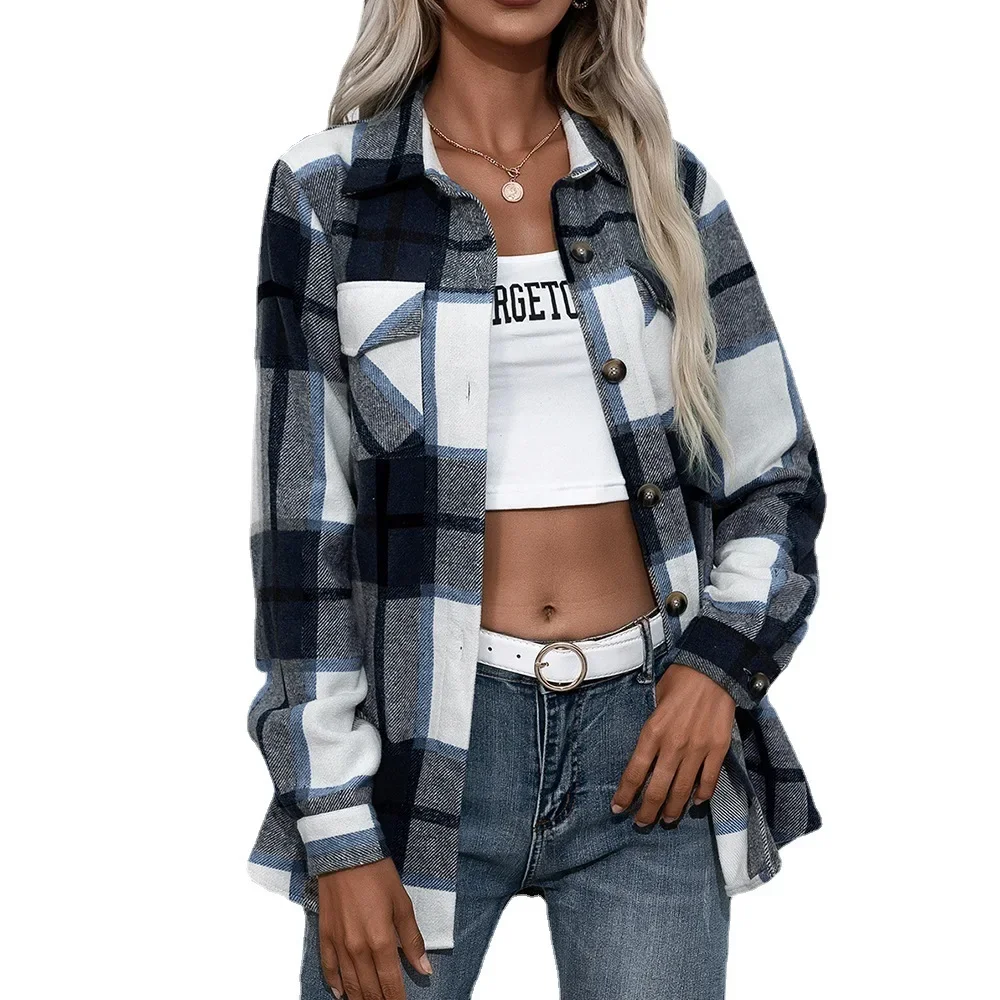 2025 Spring Autumn Women Coats Casual Loose Vingage Long Sleeve Shirts Turn-down Collar Single Breasted Outerwear Plaid Jackets