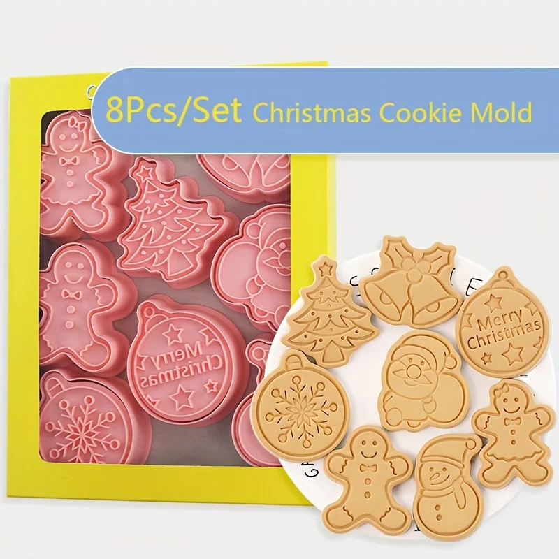 8Pcs/Set Christmas Cookie Mold G Cartoon Christmas Tree Gingerbread Man Flipping Sugar Baking Mold Cookie Cutting Tool