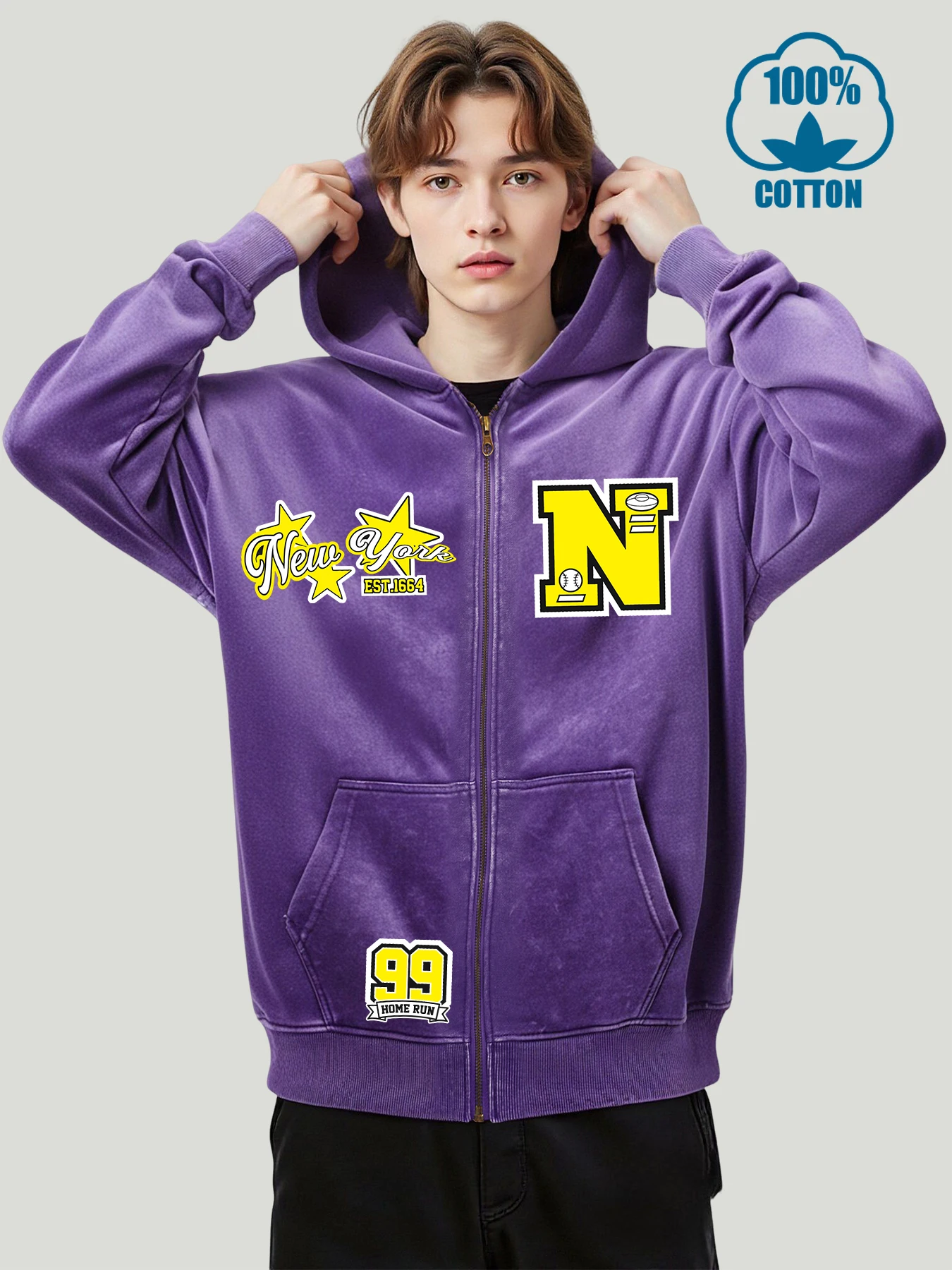 

New York City Est1664 Pattern Mens Washed Zipper Hoody Street Loose Hoodies Cotton Autumn Zip-Up Hoodie All-Match Soft Clothes