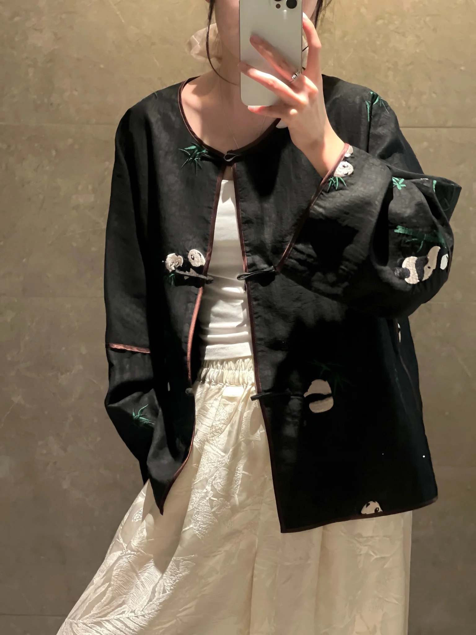 

00% Silk Xiangyun Cloth Panda Embroidery Jaet New Chinese Sle Slimming Versatile Cra Pattern round Ne Butto...