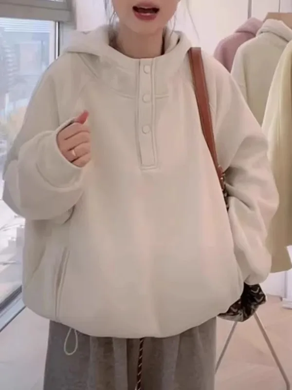 

Утепленная флисовая толстовка больших размеров с капюшоном для женщин, осенне-зимняя повседневная свободная куртка на пуговицах