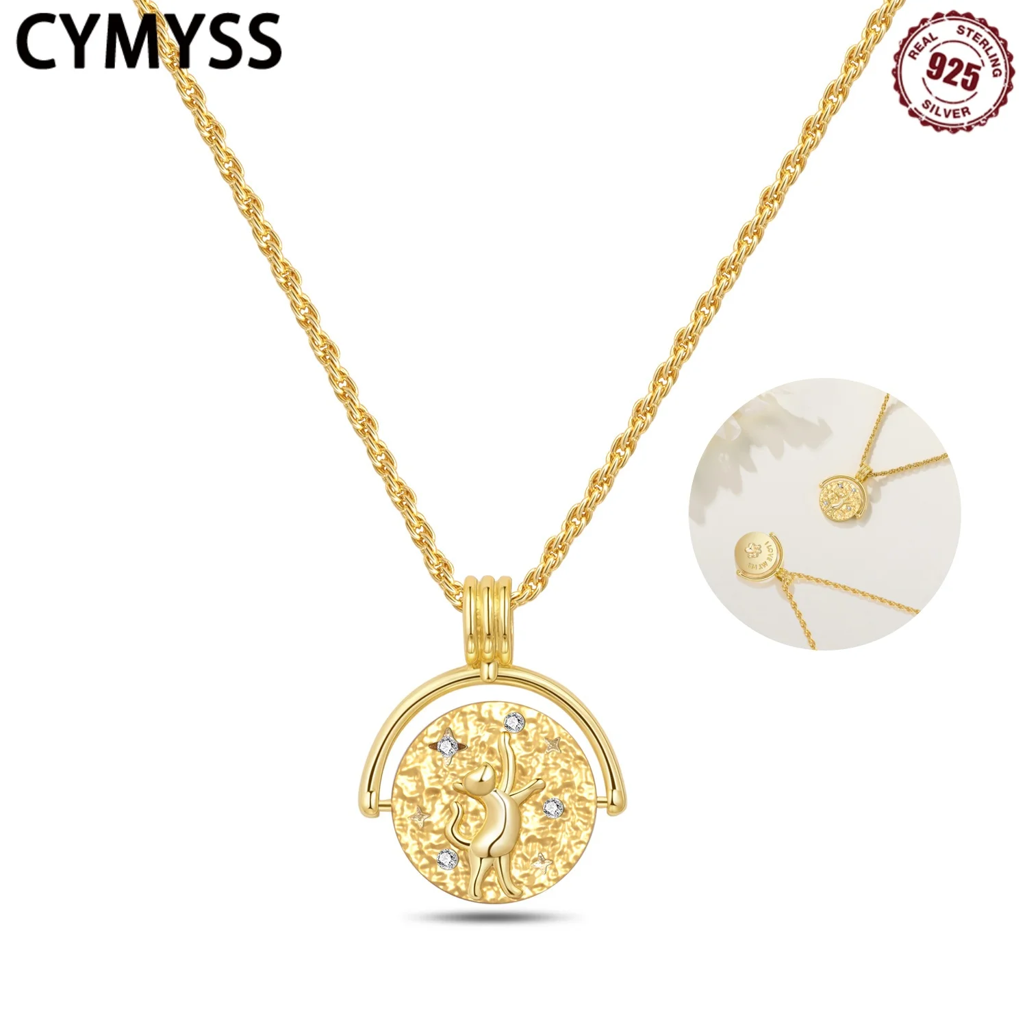 

CYMYSS S925 Sterling Silver Zircon 18K Gold Lined Cat Coin Necklace Front & Back Turnable Boutique Jewellery Gift Women Necklace