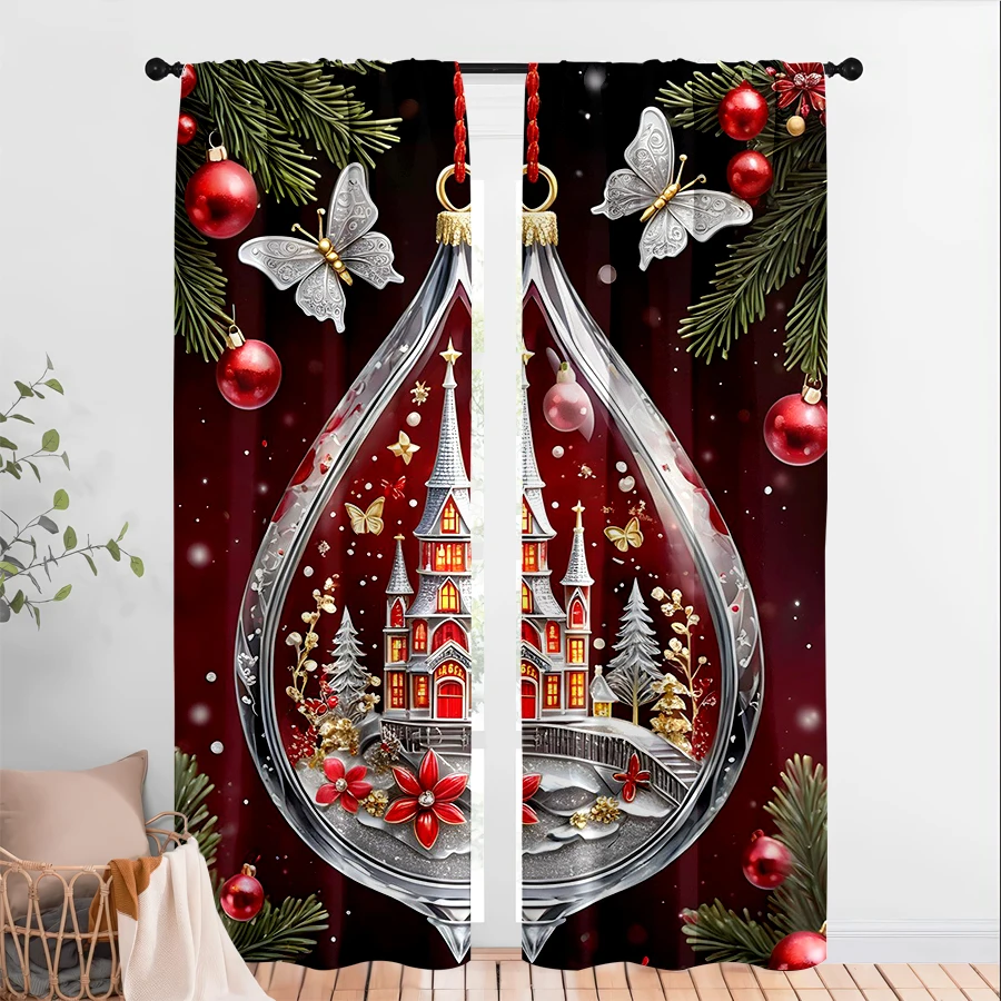 2PCS Digital Print Curtains, Teardrop Glass Globe Christmas Town Pine Branches Red Baubles Silver Butterflies, Elegant Crystal S