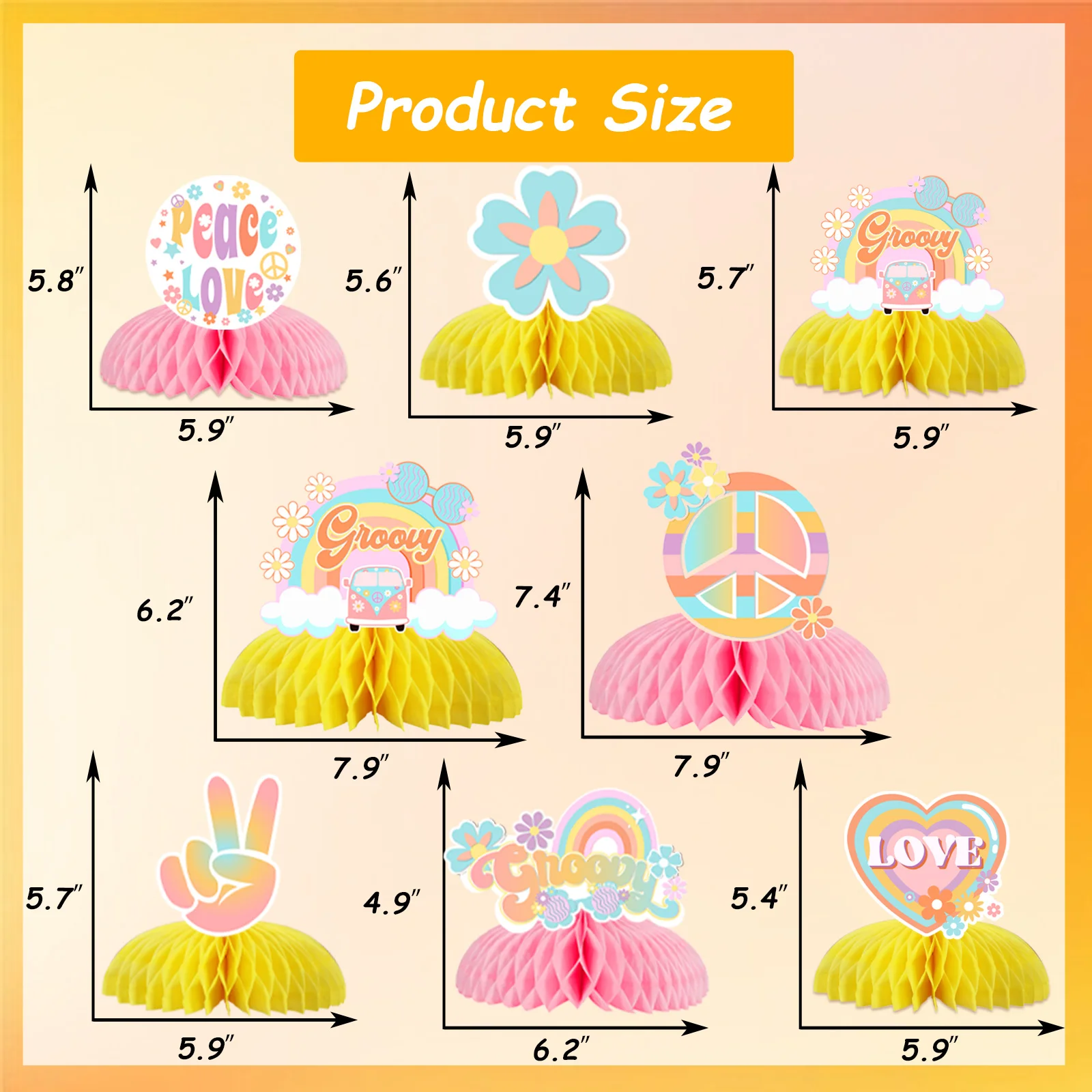 Sursurprise-Hippie Honeycomb Centerpieces for Girls, Boho Table Toppers, Baby Shower, Birthday Party Decorations, 8 PCs