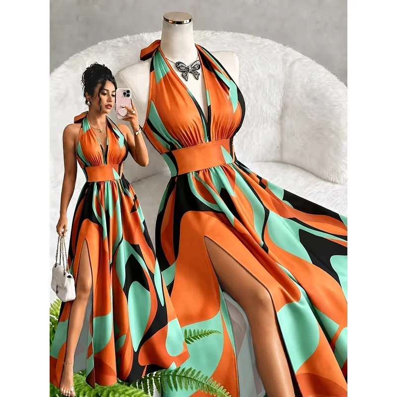Casual Elegant High-End Design V-Neck Backless Spaghetti Strap Waist-Revealing A-Line Slit Sleeveless Long Dress New French