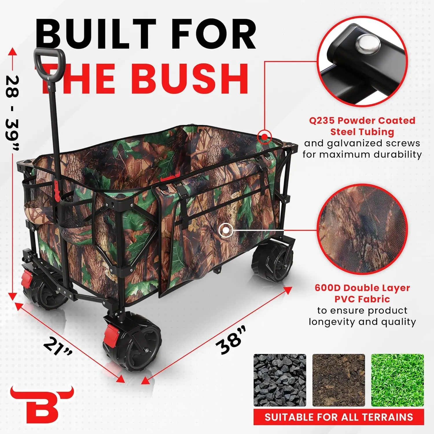 Heavy Duty Folding Wagon Cart With Wheels - Collapsible Wagon With Tree Camo Design, 2 Drink Holders & Carry Case - All Terrain